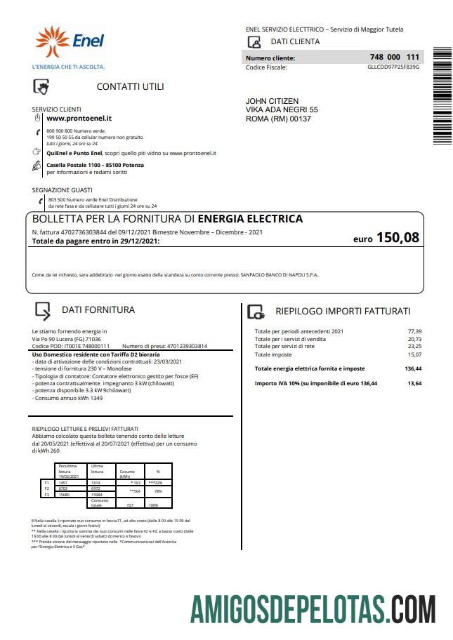 imprimível Modelo de conta de serviços públicos de eletricidade Enel Itália em formato Word e PDF